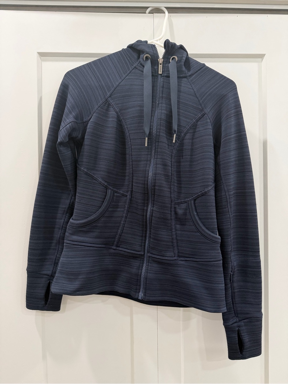 Athleta Striped Navy Zip-Up Hooded Jacket